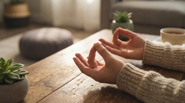 Mindfulness meditation practice cozy living room lifestyle image intimate setting calm atmosphere positive energy