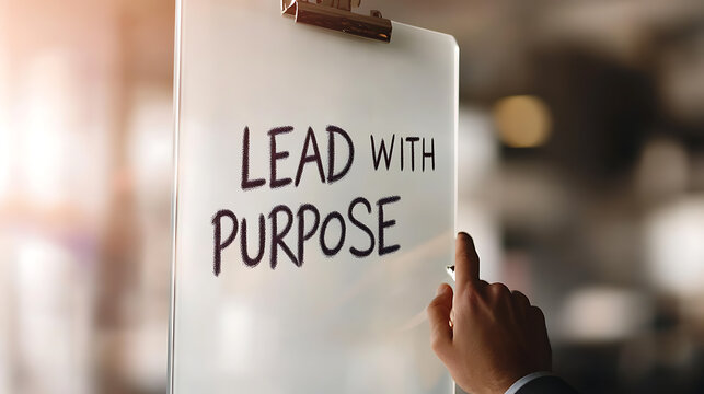 A clear message urging leadership with intention: 'Lead with Purpose.' A person is pointing to the phrase, showing intent to act on this guiding principle. Promotes values and action.
