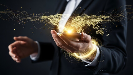 Global Reach: An image shows a businesswoman, enveloped by a digital network symbolizing worldwide connectivity and innovative technological progress.