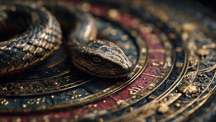 Zodiac Symbolism: Circular snake horoscope chart with astrological symbols
