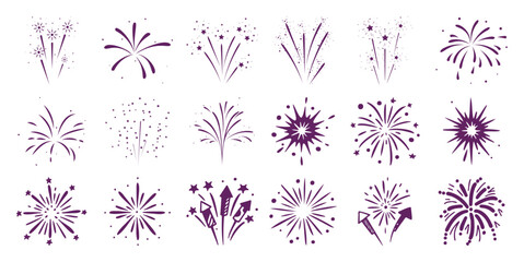 Collection of purple fireworks and starburst white celebration explosion