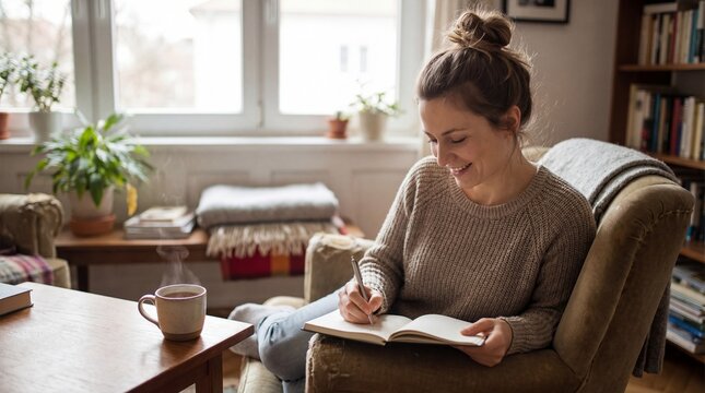 Woman journaling in cozy living room personal reflection lifestyle indoor warm atmosphere