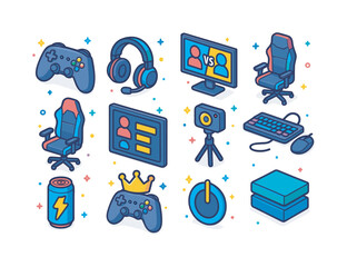 Gaming Competition Icons. Video game competition. Colorful isometric vector icons set of video game competition: pro style game controller, gaming headset with