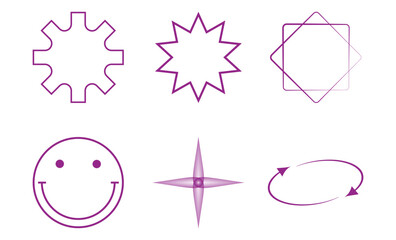 Collection of purple geometric shapes and including a gear smiley face star and arrows