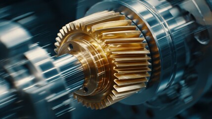 Medium shot of a skilled worker shaping a precision brass gear using a CNC machine in a hightech production facility.