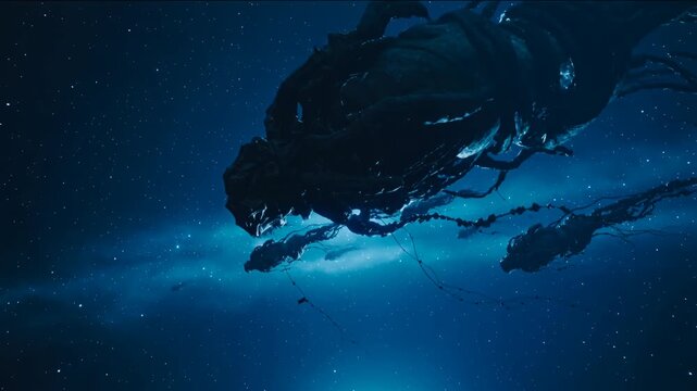 Vast cosmic entities drifting through deep space, light absorbing silhouettes, tiny spacecraft dwarfed, stars dimming, distorted radio signals