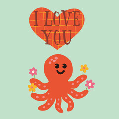 Cute octopus illustration for valentine's day.