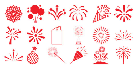 Collection of red fireworks and celebration white party explosion