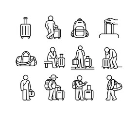 Luggage Waiting Icons. Waiting with Luggage. Line icon set of Waiting with Luggage: suitcase standing upright, traveler beside bag, backpack on ground, rolling