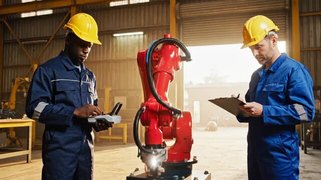 Engineers program robot arm in factory using tablet and controller. Workers control robot automation in warehouse. Engineers inspect robot arm. Industrial robot programming by factory workers.
