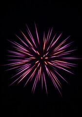 Fototapeta premium Vibrant starburst light explosion with magenta and orange glowing rays radiating against a dark black background, creating an energetic abstract effect.