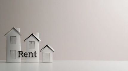 Conceptual representation of renting a home. Features three miniature house models of different sizes, arranged in a row, with the word "Rent" placed in front of them.