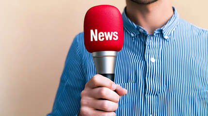 Man in a blue striped shirt holds a microphone with the word "News" on it, indicating he's a reporter delivering current events and information with journalistic integrity.