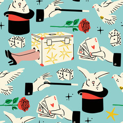 Magician's elements, magic trick tools. Professional illusionist equipment: hat with rabbit, magic wand, playing cards, flower, dove, dice, half of lady in a box. Hand drawn Vector seamless Pattern © Dariia