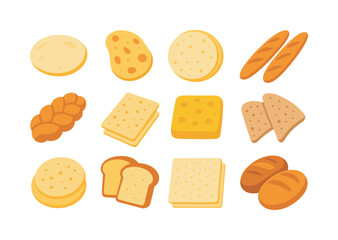 Global Bread Icons. Global breads. Colorful flat vector icons set of global breads: pita bread, naan bread, tortilla rounds, baguettes, challah braids, lavash