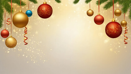 Empty greetings card  background with Christmas ornaments and copy space.
