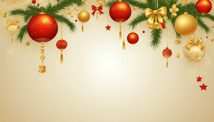 Empty greetings card  background with Christmas ornaments and copy space.