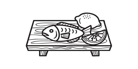 Fototapeta premium Wooden board with fish and lemon wedge solid icon, japanese food concept. Vector graphics. Lemon slice and fish, seafood sign on white background, style icon mobile or web design