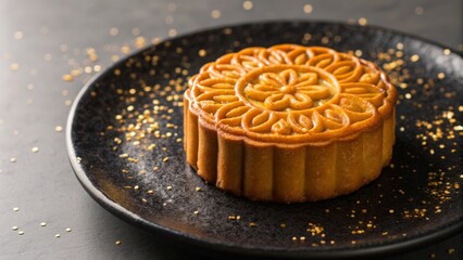 Intricately Decorated Golden Mooncake on Dark Plate