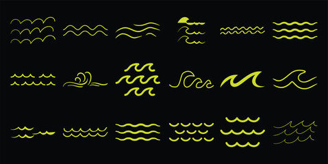 Collection of stylized yellow wave a black water ocean