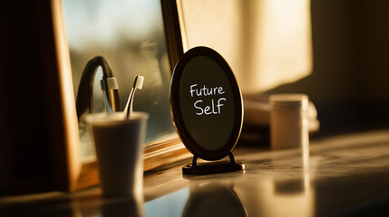 A small mirror displaying the phrase "Future Self" sits on a bathroom counter next to a toothbrush in a cup and a tube, illuminated by the warm glow of sunlight streaming in.