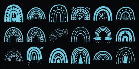Collection of twenty-one stylized cyan rainbows with diverse decorative black