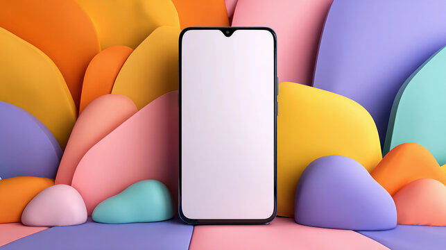 Smartphone mockup with blank white screen on colorful abstract background design - Powered by Adobe