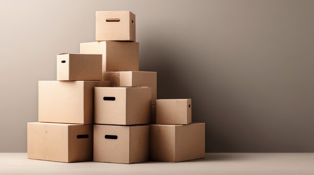 A stack of cardboard boxes of varying sizes leaning against a plain wall, creating a simple, symmetrical composition
