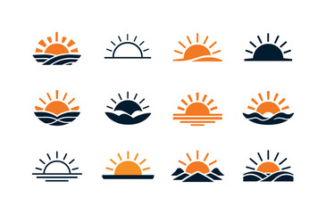 Sunrise Sunset Icons. Sunrise and sunset. Icon set. Set Logo of sunrise and sunset: sunbeam arch. harmonious logo variations: Abstract geometric, Minimal