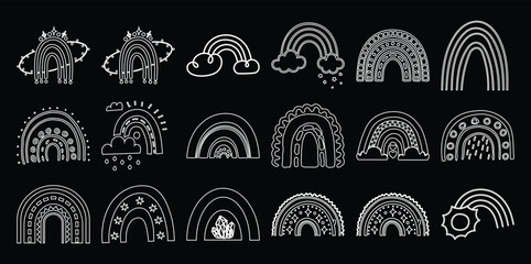Collection of white line rainbow black with celestial and weather