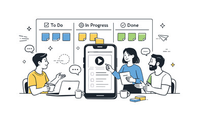 Agile Team Collaboration. Agile mobile development. Small team around a kanban board with task cards and a phone in the center, planning iterations and