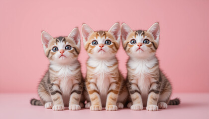 Adorable different kittens sitting and looking up with big eyes on light pink background. 