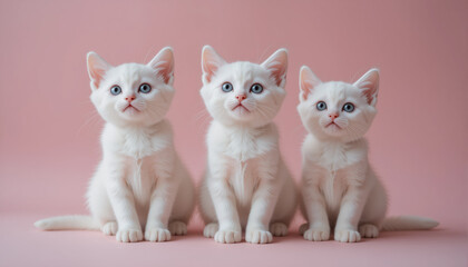 Adorable different kittens sitting and looking up with big eyes on light pink background. 