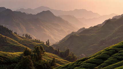 Scenic view of the lush green mountains at sunrise in darjeeling, west bengal, india