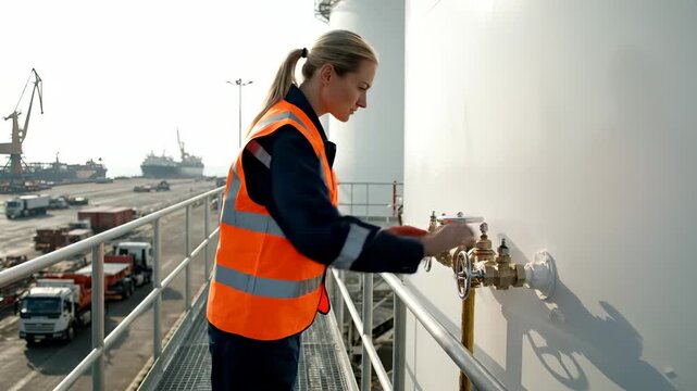 Female engineer checks valve on storage tank at port terminal. Woman worker inspects tank equipment at industrial port. Engineer turns valve on tank. Port worker checks storage tank valve system.