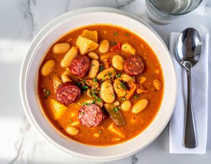 Fabada Asturiana served in a bowl showcasing traditional Portuguese cuisine with beans and sausage