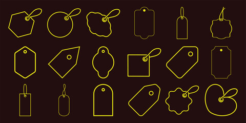 Collection of yellow outline price tags and labels in various shapes a dark brown sale
