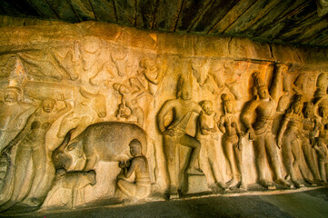 Bas relief sculpture, Mahabalipuram, Tamil Nadu, India.