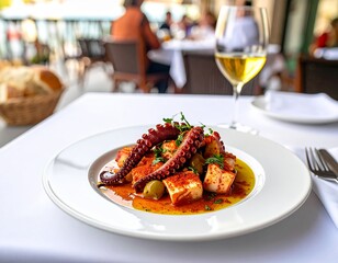 Enjoy Firefly Pulpo a la Gallega with fresh ingredients and a drink in a lively Spanish restaurant setting