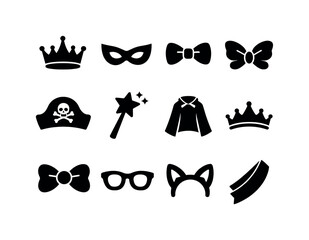 Birthday Party Icons. Kids at a birthday party. Solid icon set of costumes & dress-up: crown, superhero mask, bow tie, fairy wings, pirate hat, wand star,
