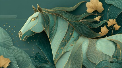 A stylized illustration features a horse with flowing mane and delicate details, rendered in layered textures and muted colors