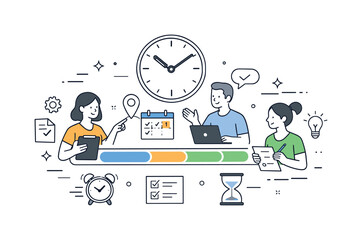 Collaborative Teamwork Efficiency. Efficient teamwork and deadlines. Small team coordinating tasks around a shared timeline. Friendly collaboration and clear