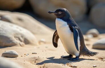 Fototapeta premium Little blue penguin stands on sandy shore. Small flightless bird, black and white plumage, dark head with white eye ring. Penguin on sand, beach, rocks in background. Birdlife and wildlife scene.