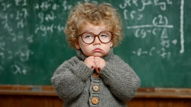 Young child showing curiosity in a classroom setting with chalkboard and math equations in the background