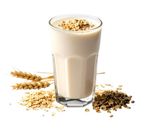 Glass of Oat Milk with Grains and Wheat Ears.