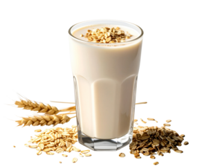 Glass of Oat Milk with Grains and Wheat Ears.