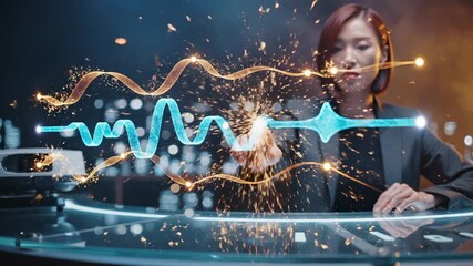 Woman interacts with a holographic waveform. This businesswoman analyzes data with future technology. The waveform is a visual representation of data. This woman is using advanced business technology. - Powered by Adobe