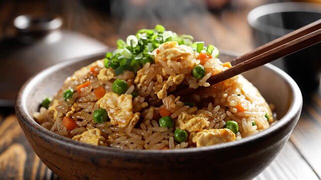 Prepared rice dish with vegetables and garnish culinary presentation food photography