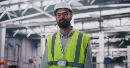 Process Engineer in Safety Gear Automated Plant. Bearded Man in High Visibility Vest Analyzing Automated Processes on Large Factory Floor. Industrial Engineering, Safety, Modern Production Technology.