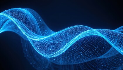 Flowing Light Waves in Abstract Grid Structure, Blue Technology Background, Networking and Data Connection